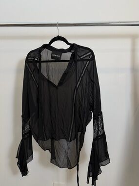 NICHOLAS Black Sheer Lace-Inset Tie Blouse